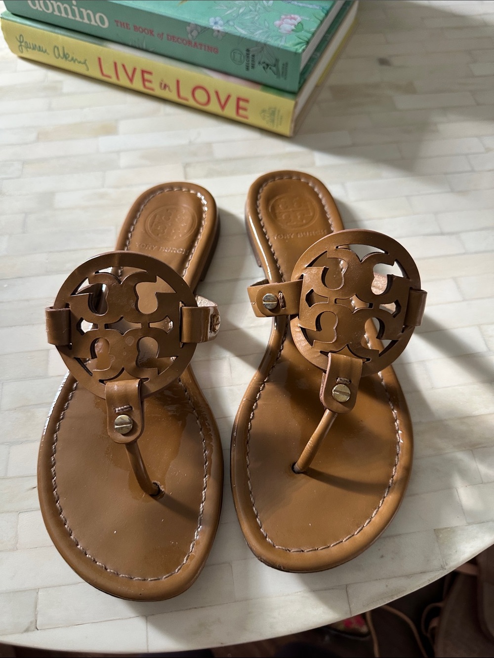 Tory Burch Tan Leather Logo Thong Sandals